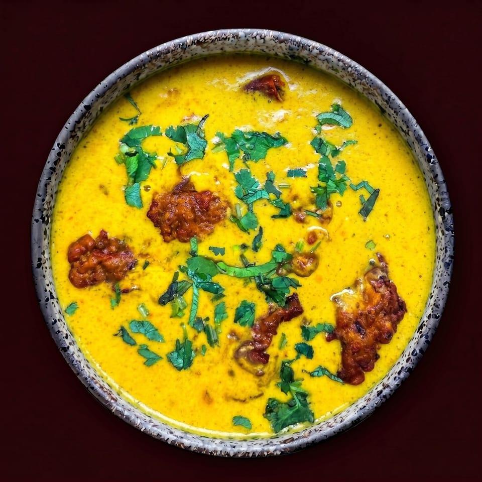 Overhead view of a vibrant yellow curry with red meat pieces and fresh green herbs in a bowl.
