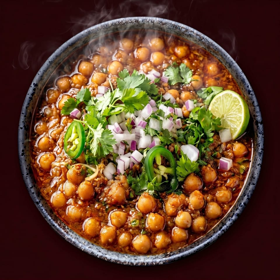 Steaming bowl of chickpea curry with cilantro, red onion, jalapeños, and a lime wedge.