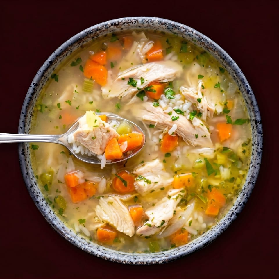 A spoon lifts chicken, rice, and carrots from a bowl of chicken noodle soup.