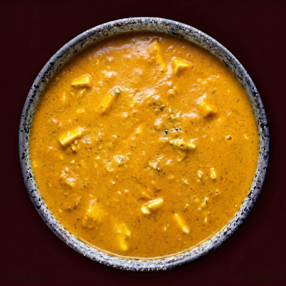 Overhead view of a bowl of creamy orange paneer butter masala with cheese cubes.