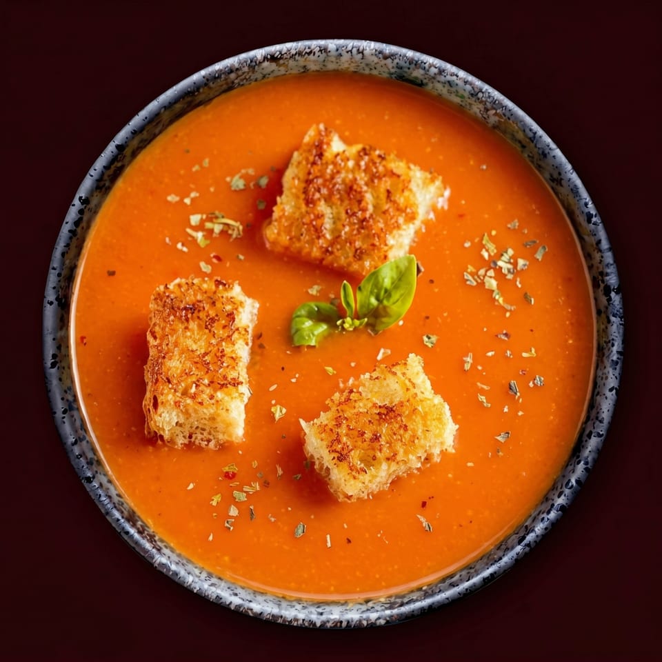 Overhead view of a bowl of vibrant orange tomato soup with croutons and basil.