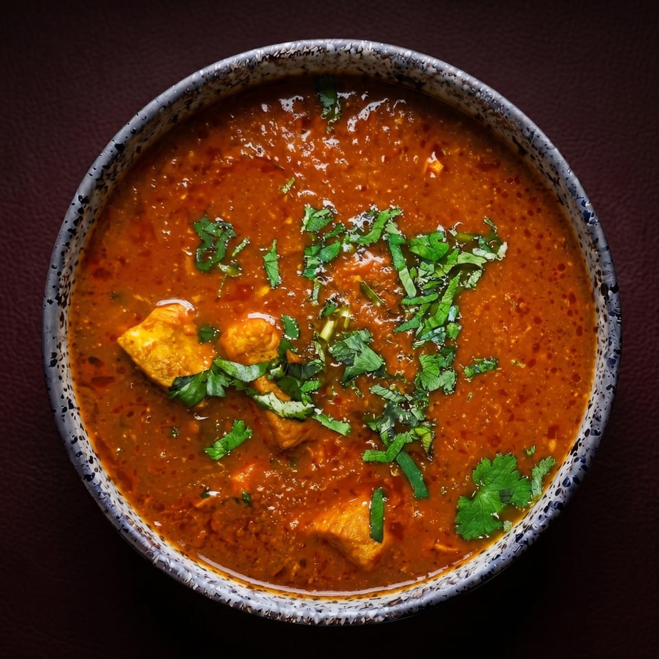 Overhead view of a bowl of orange curry with chicken and fresh green cilantro.